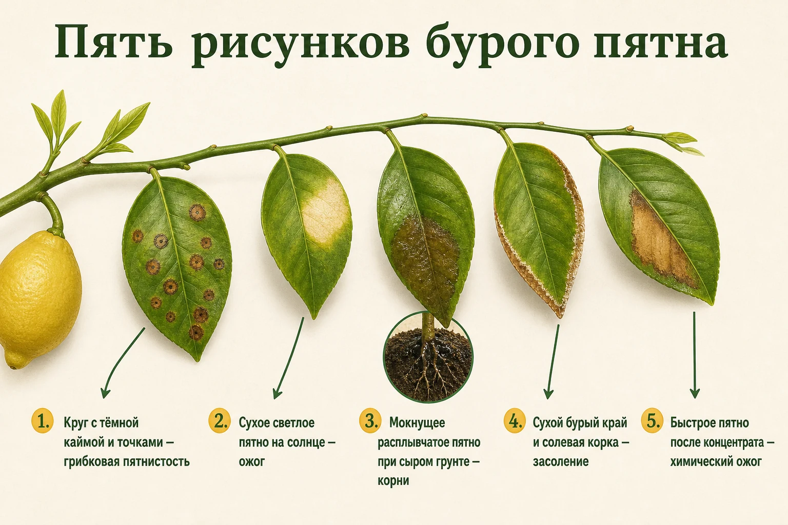 Пять характерных рисунков бурых пятен на листьях лимона и возможные группы причин.
