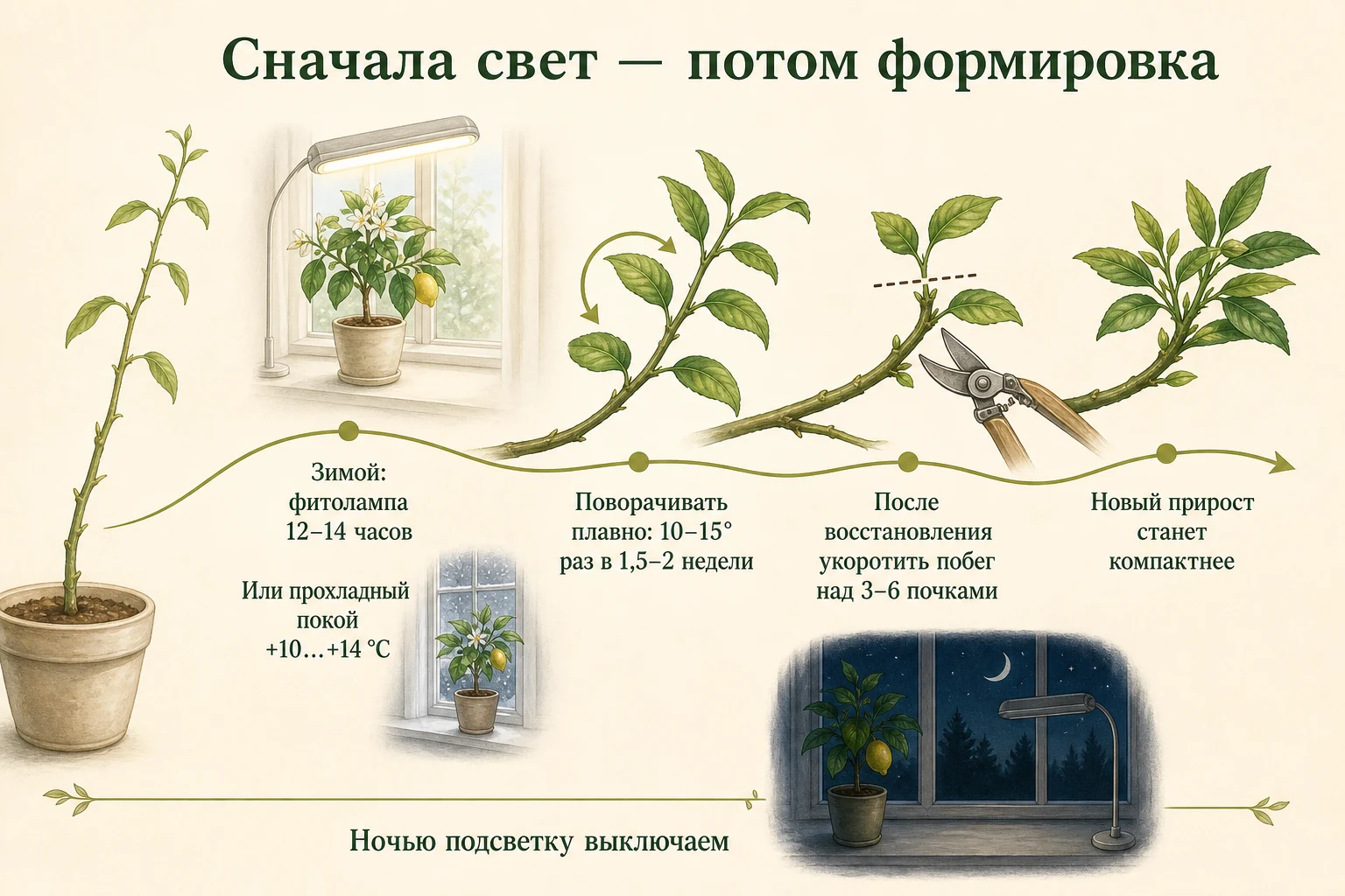 Путь от вытянутого побега лимона к компактному росту через свет и формировку