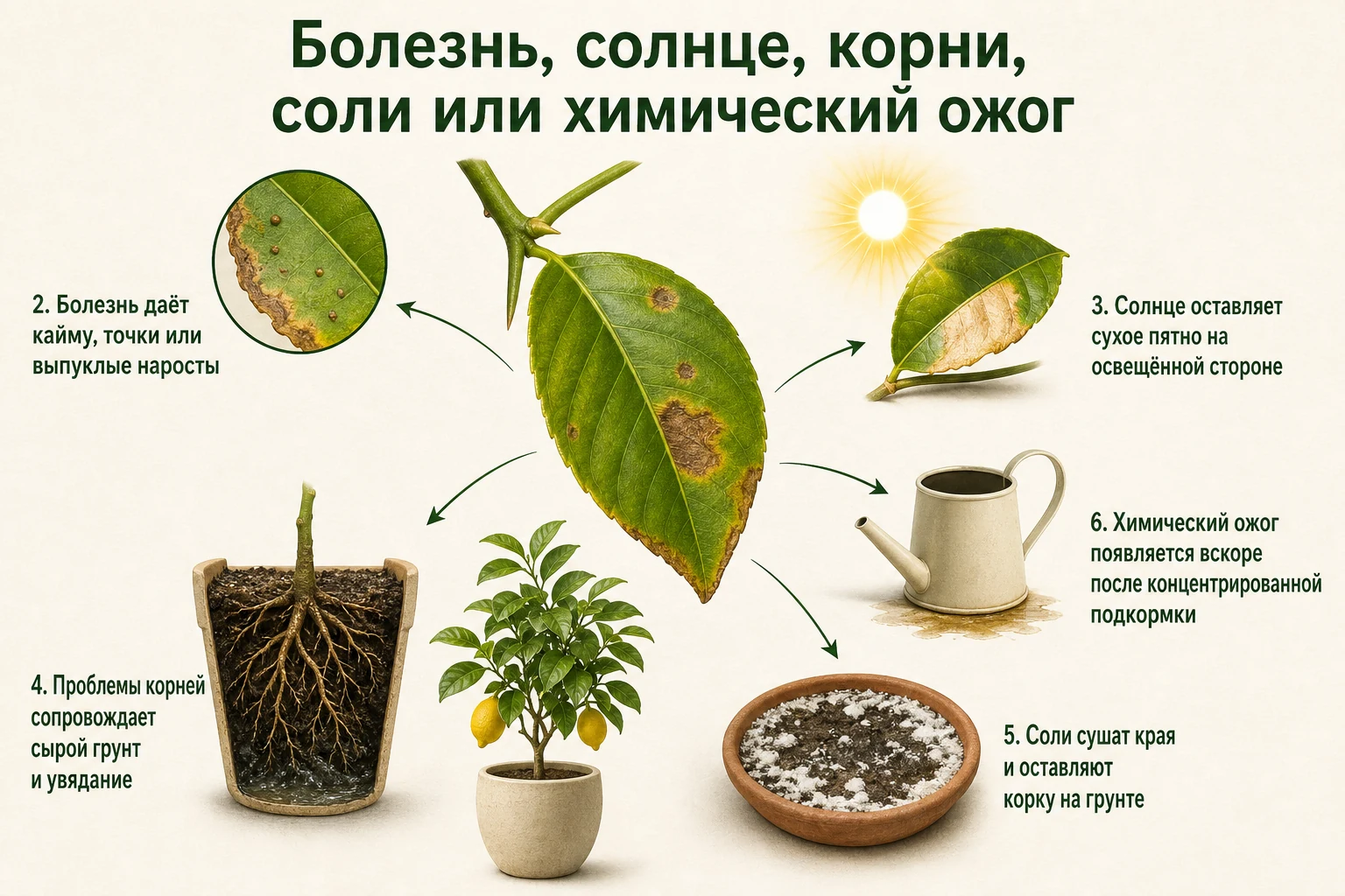 Пять групп причин бурых пятен: болезнь, солнечный ожог, корни, соли и химическая подкормка.