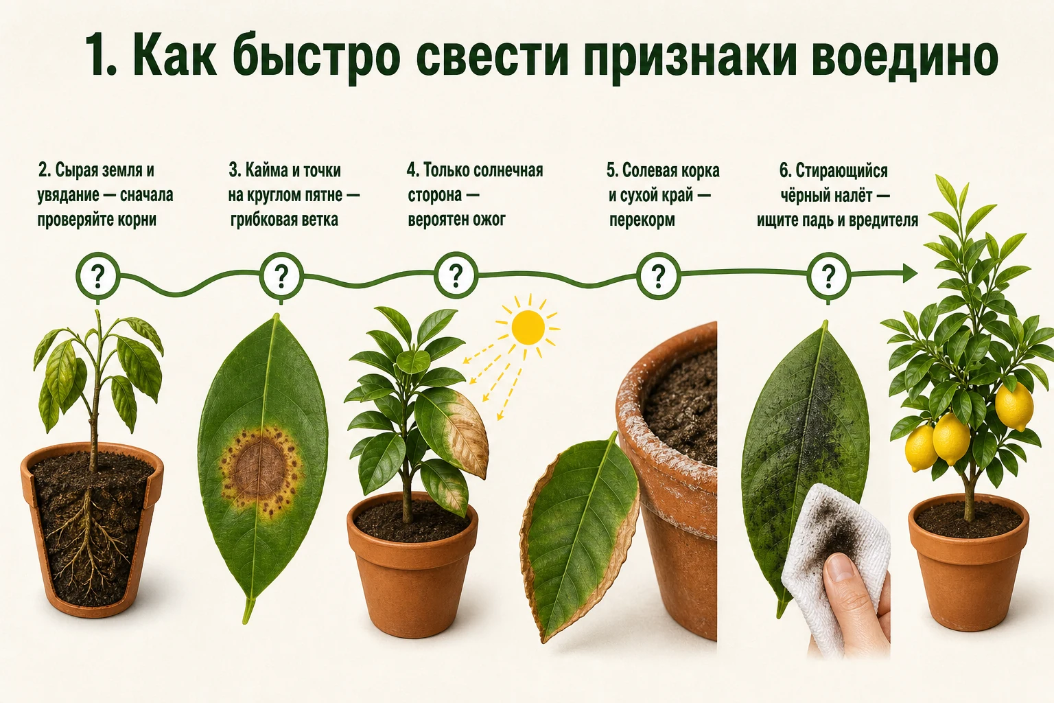 Быстрый маршрут проверки бурых пятен по влажности, форме, стороне света, солям и налёту.