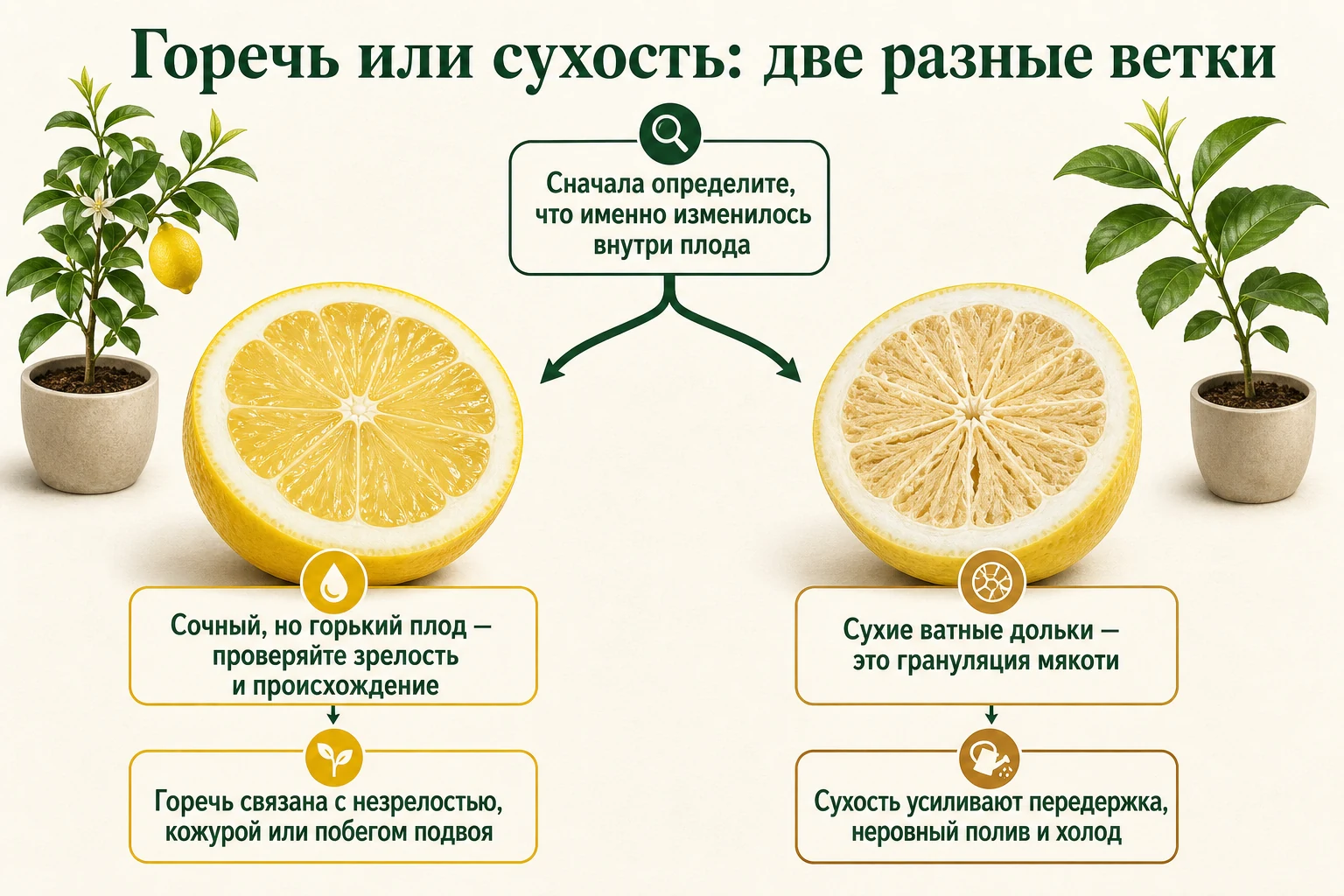 Сравнение сочного горького лимона и сухого гранулированного плода с разными причинами.