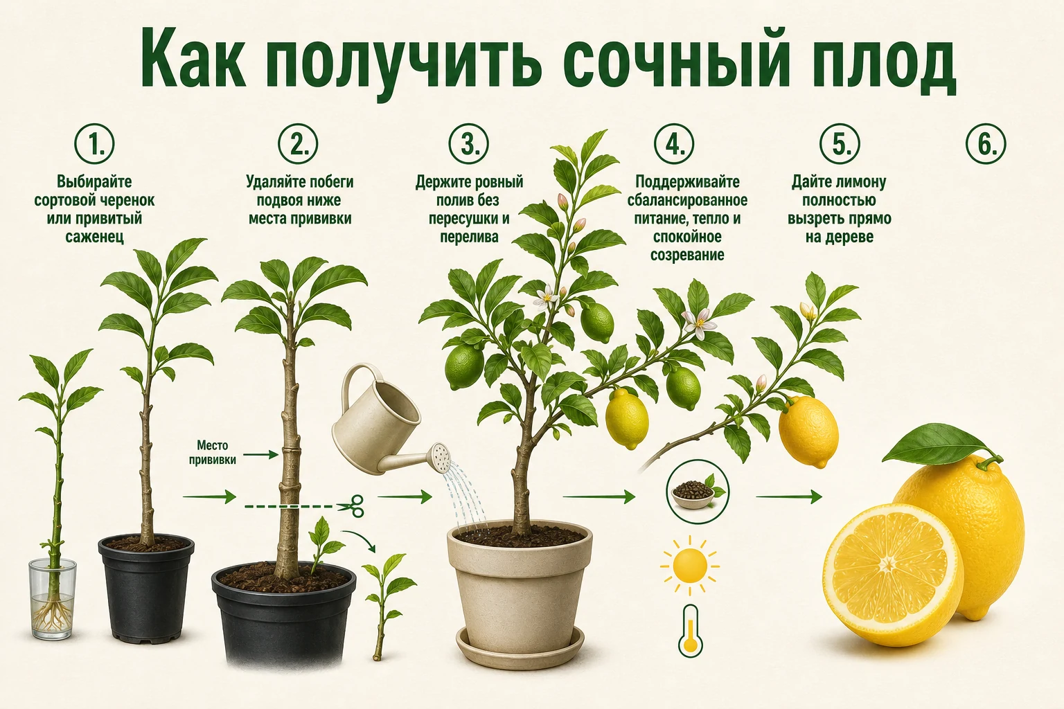 Условия получения сочного сортового лимона: привитый саженец, ровный полив и созревание на дереве.
