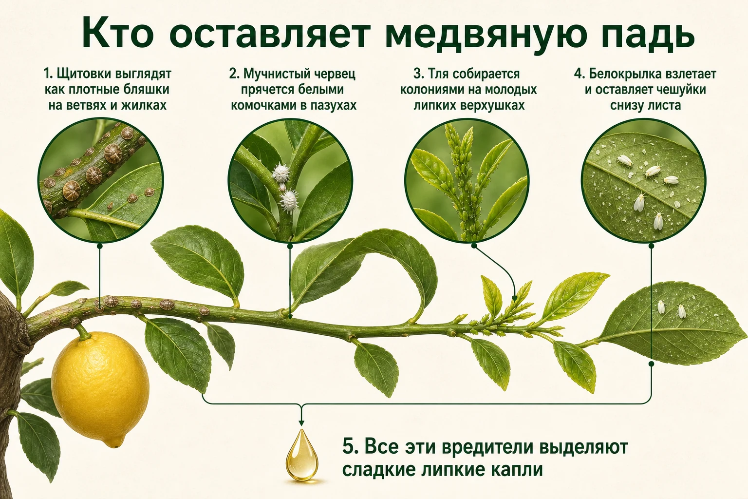 Четыре сосущих вредителя, которые оставляют липкую медвяную падь на лимоне.