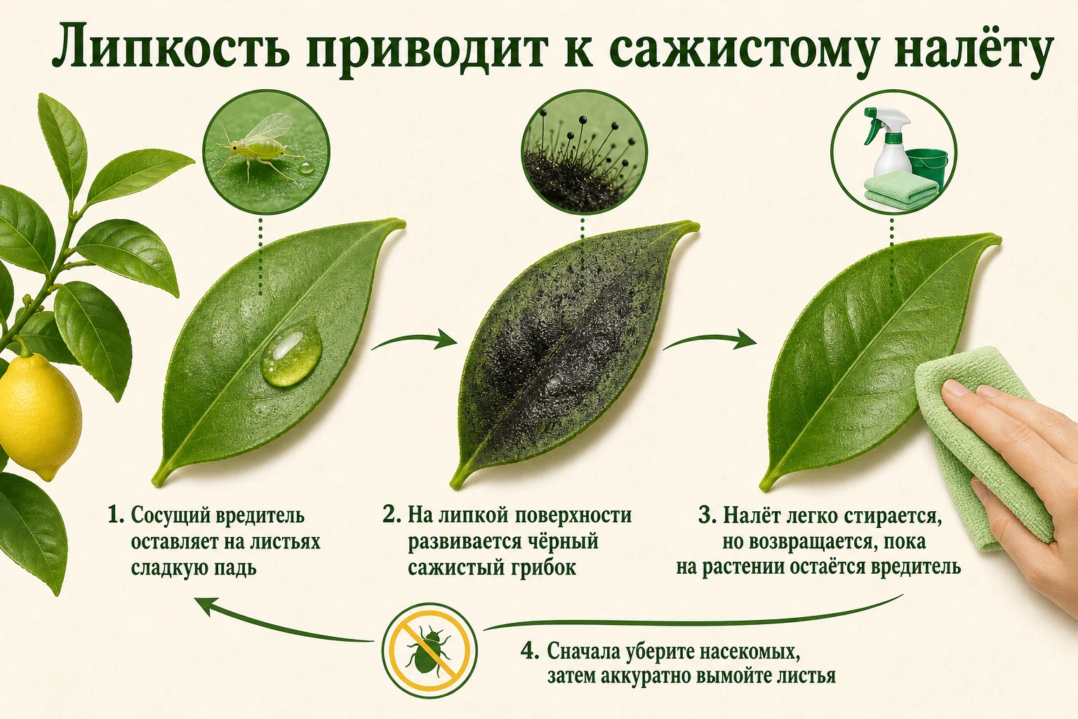 Цепочка от сосущего вредителя и липкой пади к сажистому налёту и чистому листу.