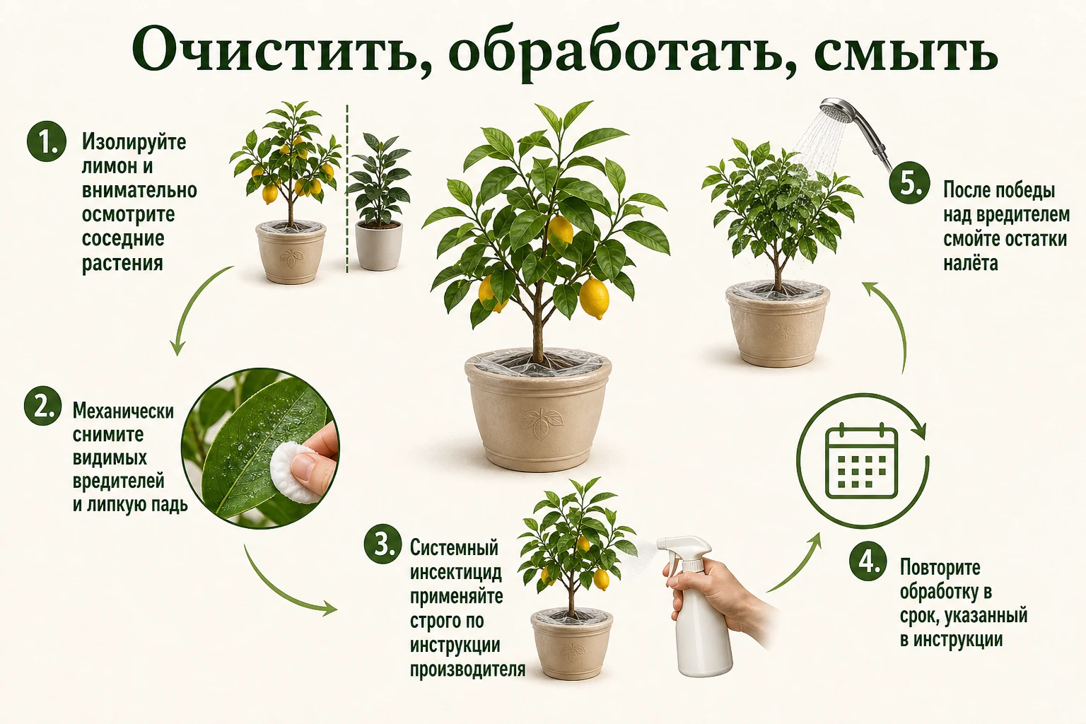 Последовательность очистки и обработки лимона от вредителей, оставляющих липкую падь.