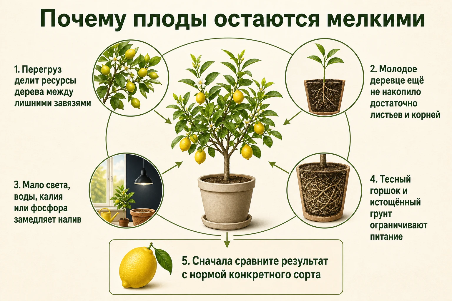 Основные причины мелких плодов лимона: перегруз, молодость, условия налива, тесный горшок и сорт.