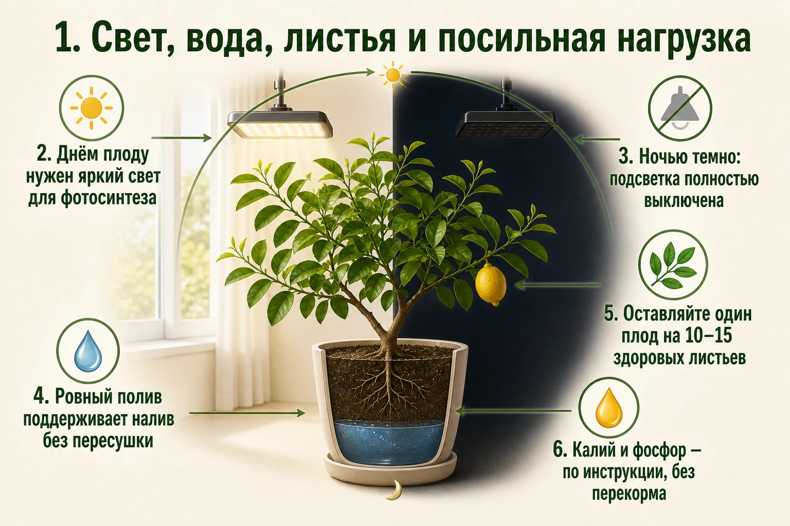 Условия налива плода лимона: дневной свет, тёмная ночь, ровный полив и достаточное число листьев.