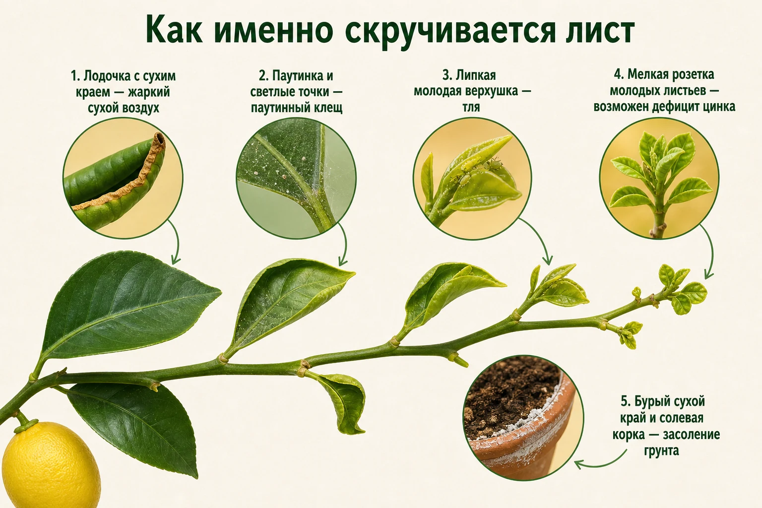 Типы скручивания листьев лимона и сопутствующие признаки возможных причин.
