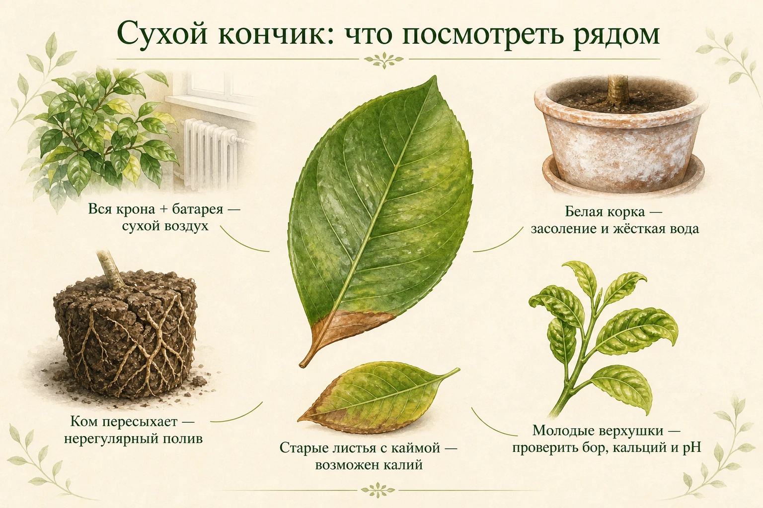 Сопутствующие признаки сухого воздуха, засоления, пересушки и дефицитов у листьев лимона