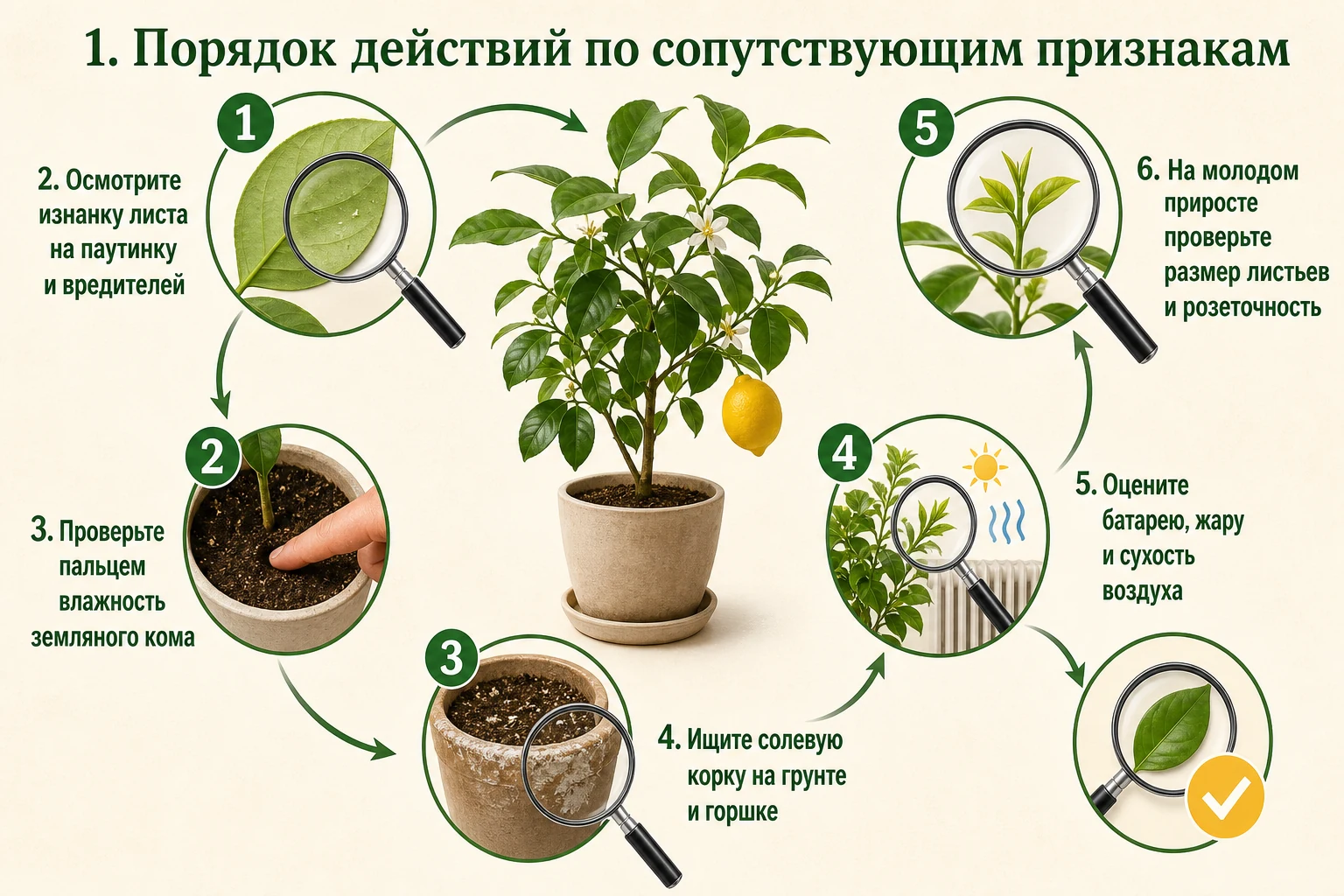 Пошаговый осмотр лимона со скрученными листьями по сопутствующим признакам.