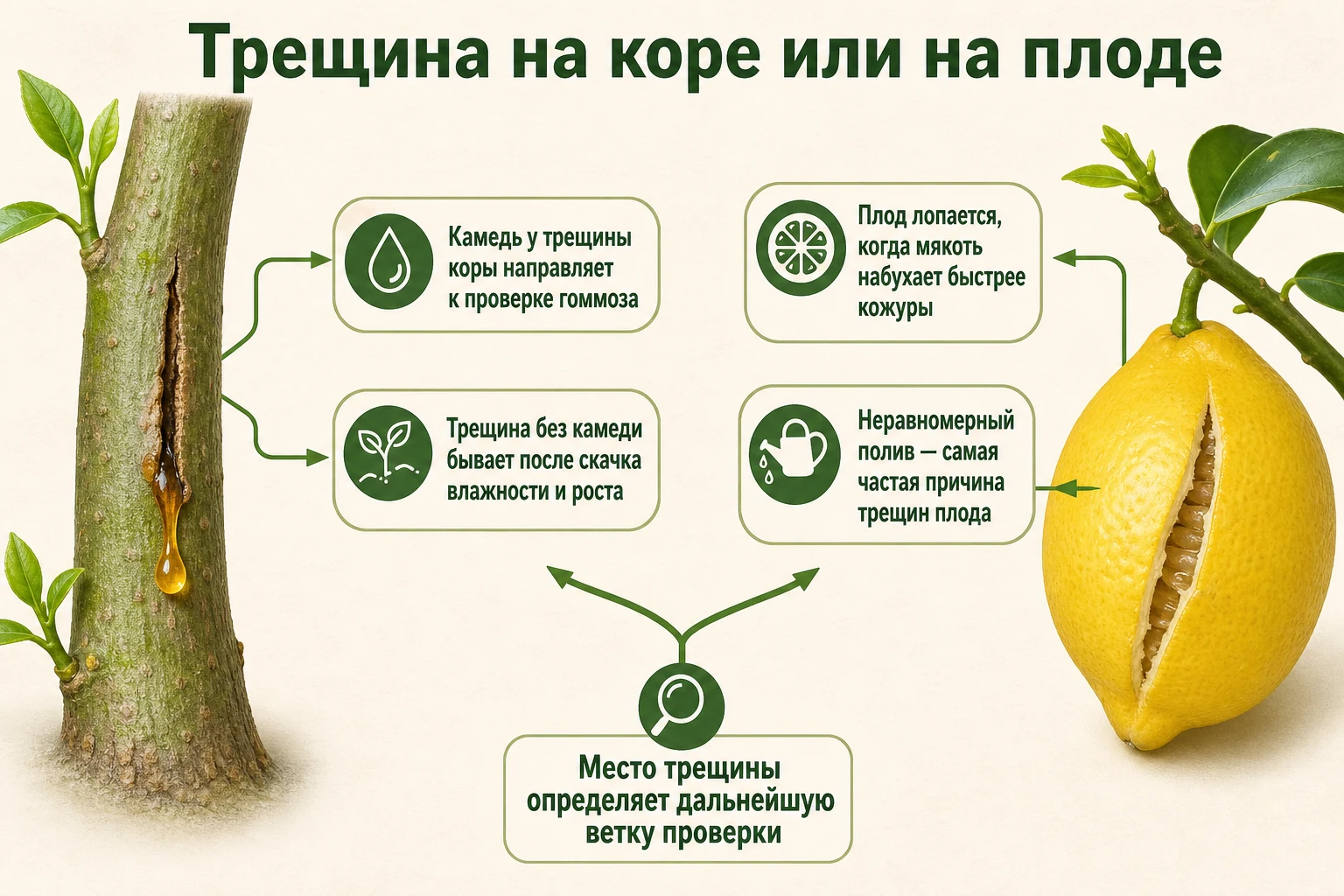 Различие трещины коры с камедью и растрескивания плода лимона после скачков влаги.