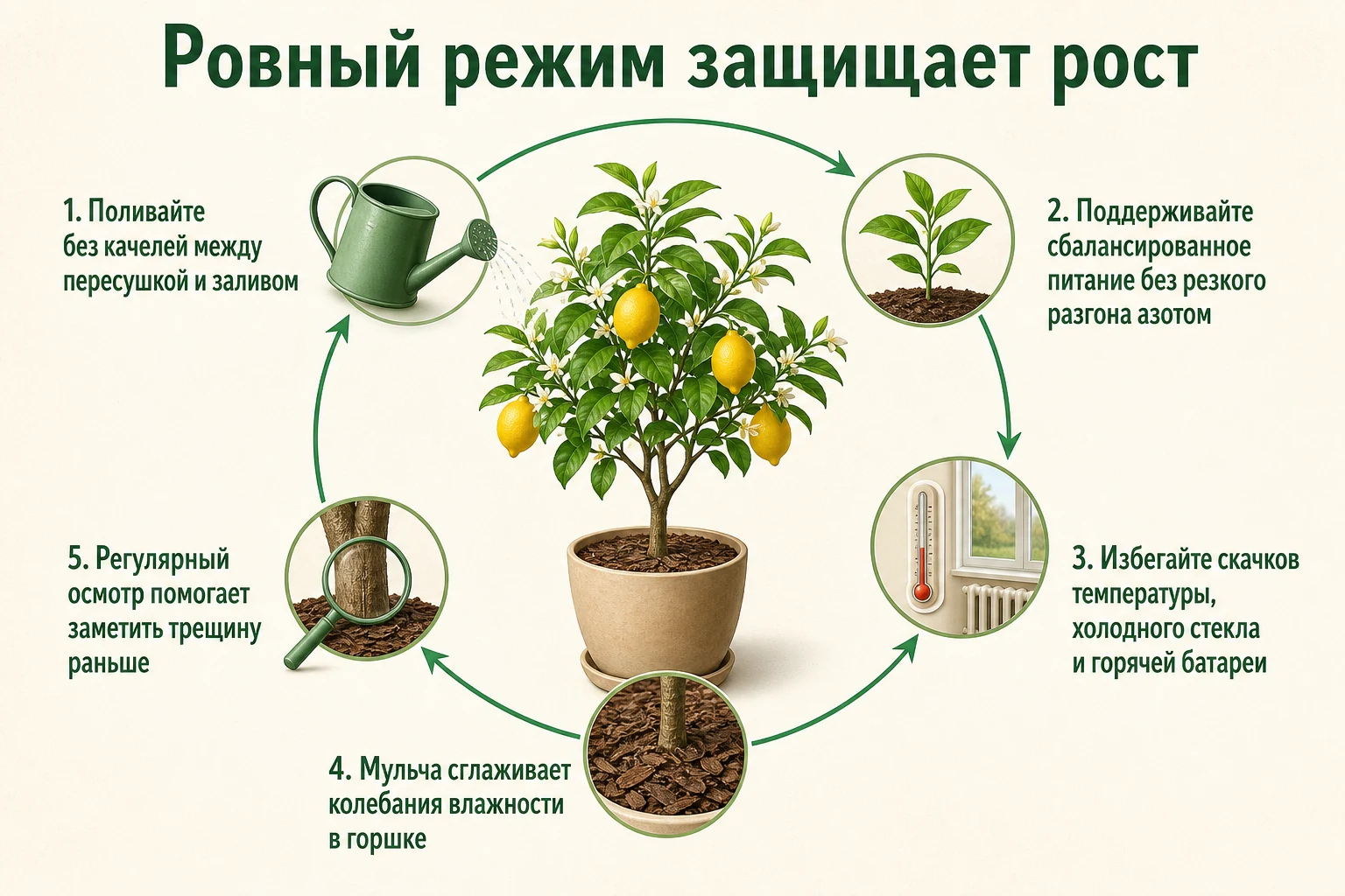 Ровный полив, питание, температура, мульча и осмотр для профилактики трещин лимона.