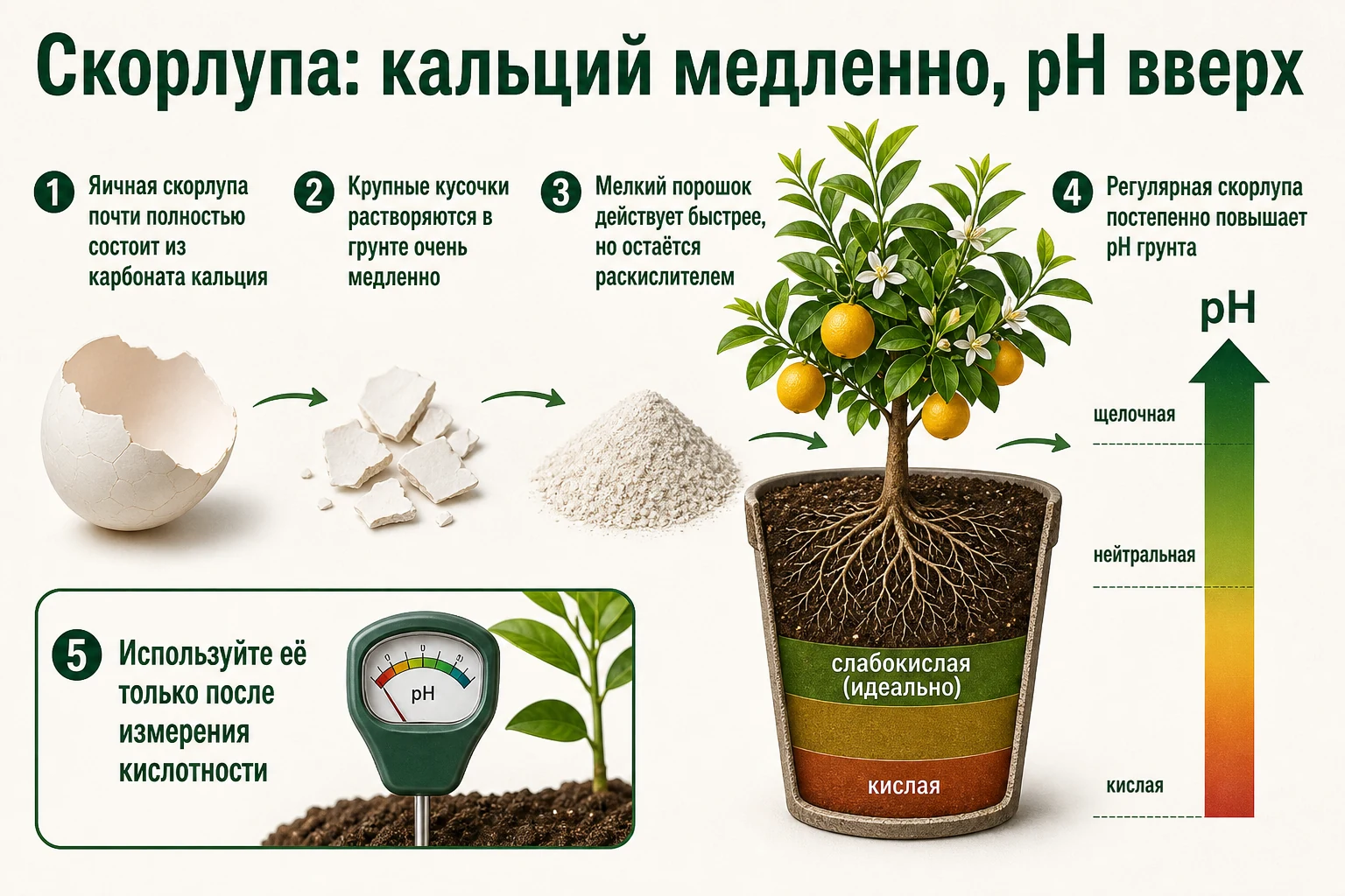 Медленное растворение кальция из яичной скорлупы и постепенное повышение pH грунта.