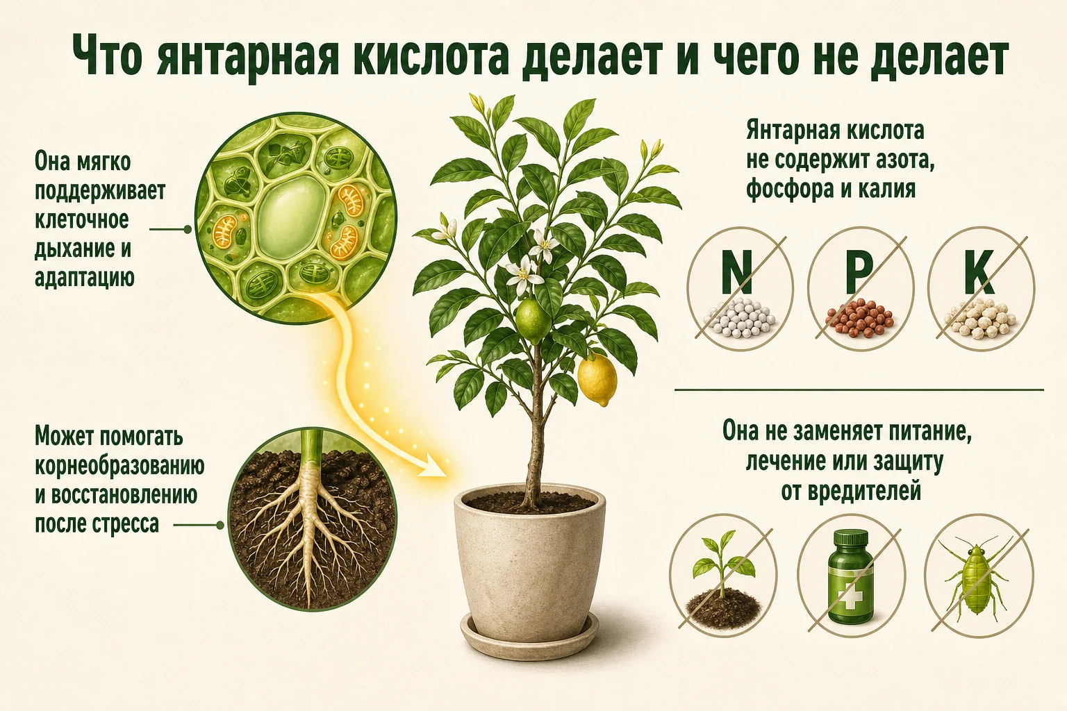 Реальные возможности янтарной кислоты как мягкого стимулятора и её ограничения для цитруса.