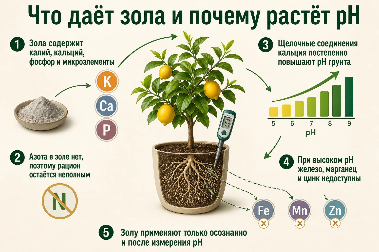 Питательные элементы древесной золы и её влияние на pH и доступность микроэлементов цитрусу.