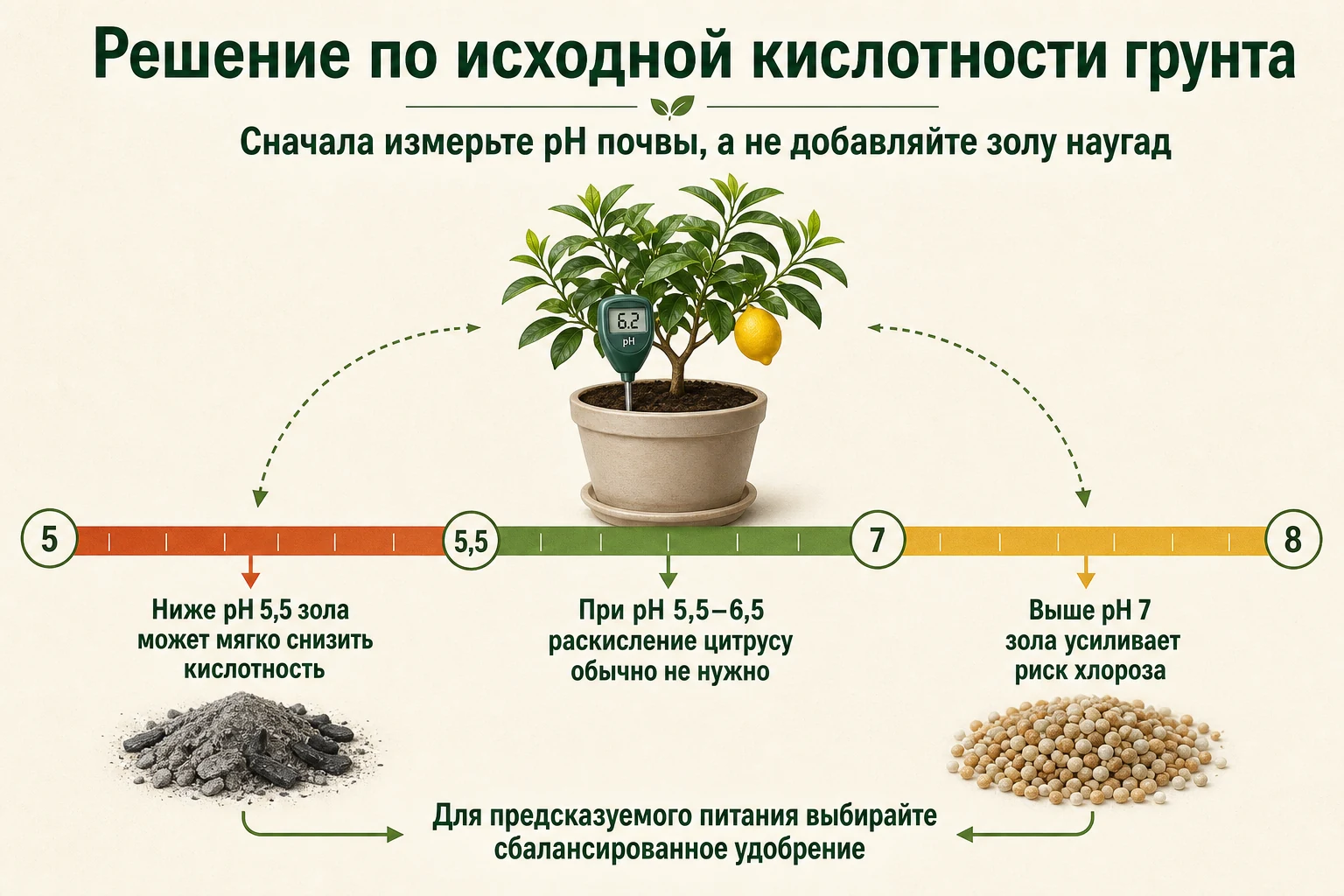 Решение о применении золы по исходному pH грунта для комнатного цитруса.