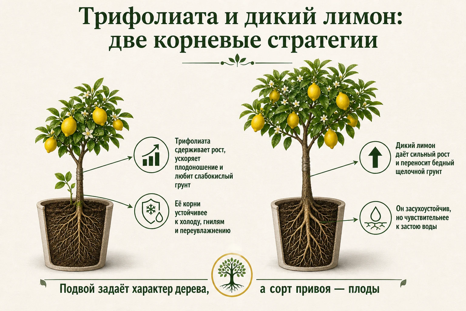 Сравнение трифолиаты и дикого лимона как двух разных подвоев для комнатного цитруса.