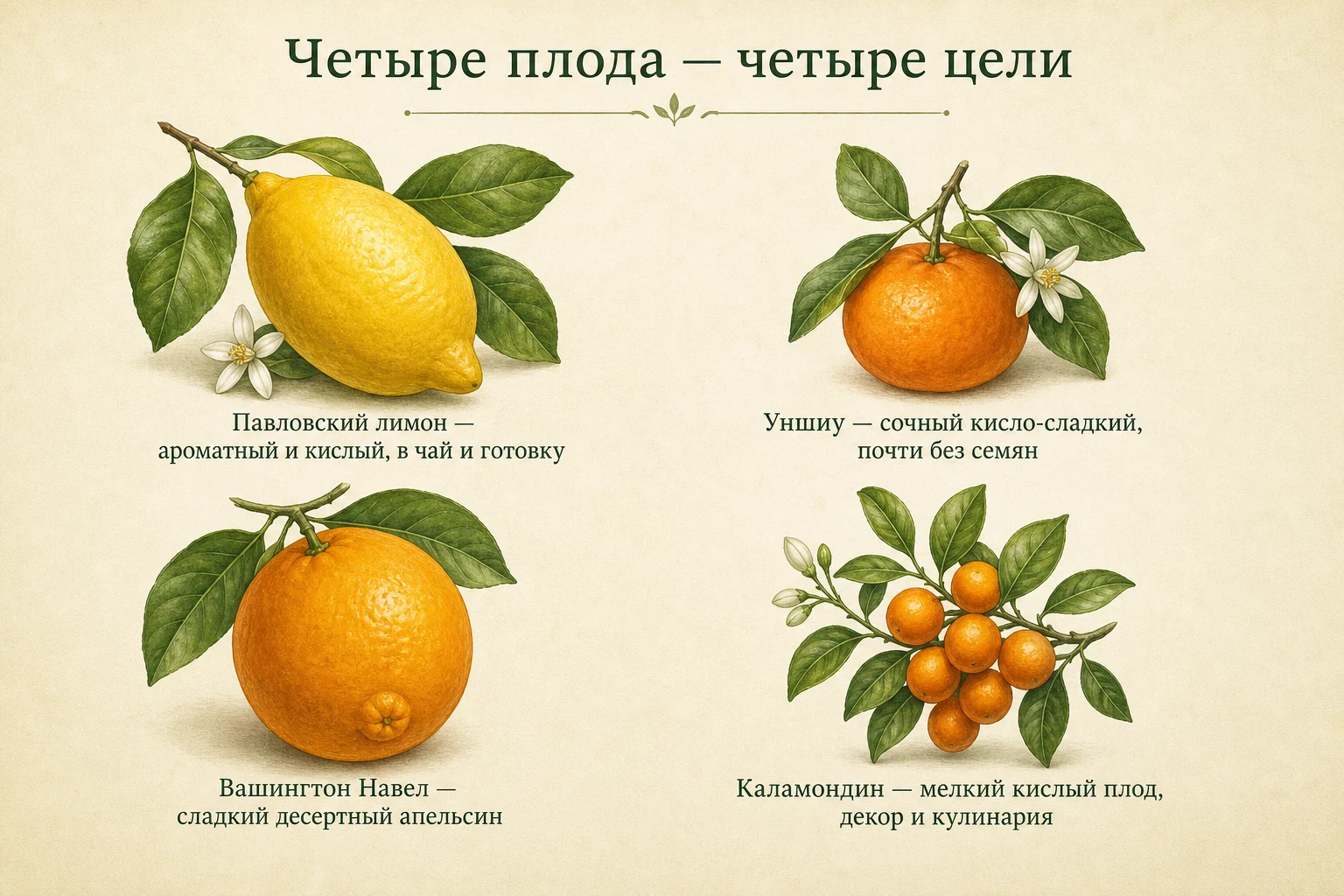 Плоды Павловского лимона, мандарина Уншиу, апельсина Вашингтон Навел и каламондина