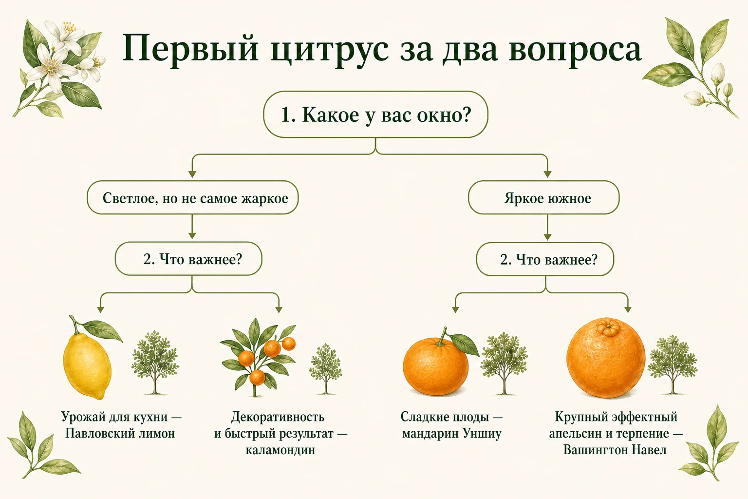 Выбор первого цитруса по типу окна и цели выращивания