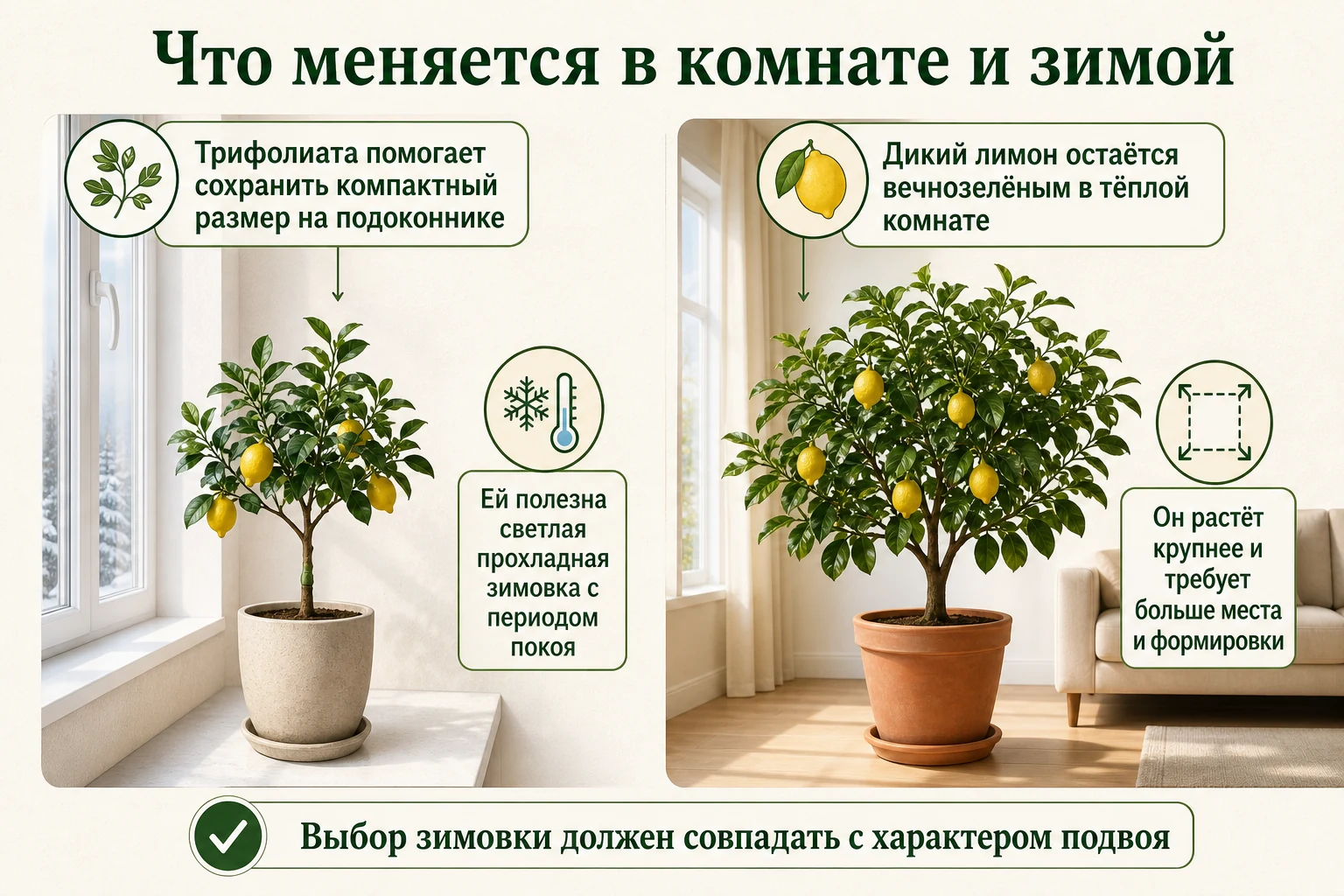 Различия комнатного размера и зимовки цитруса на трифолиате и на диком лимоне.
