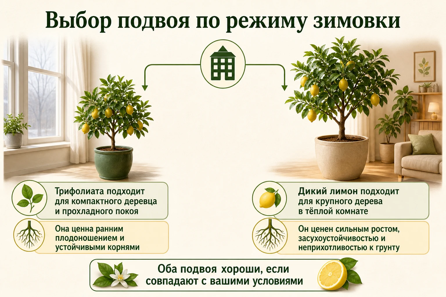 Выбор между трифолиатой и диким лимоном по размеру помещения и режиму зимовки.