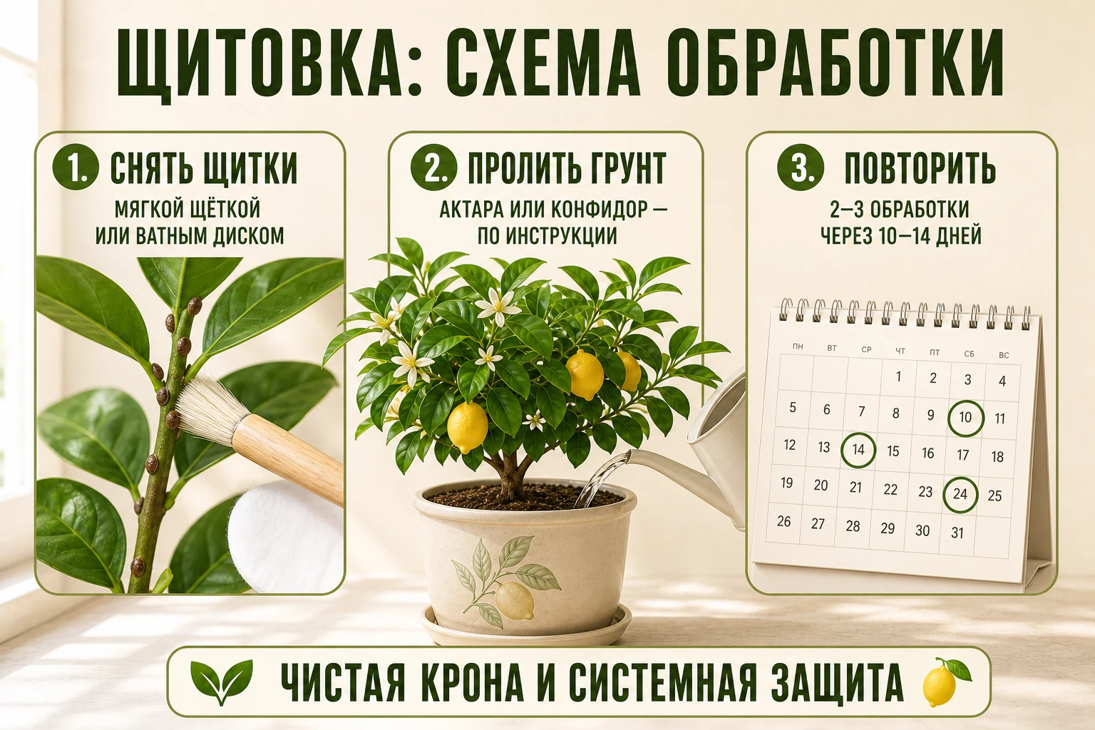 Схема обработки цитруса Актарой или Конфидором против щитовки
