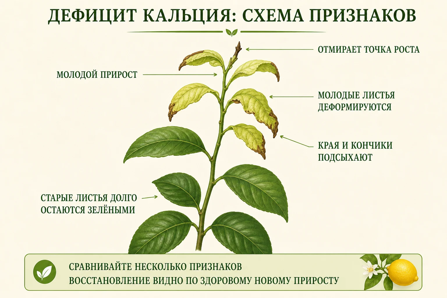 Схема признаков дефицита кальция на листьях и верхушке цитруса