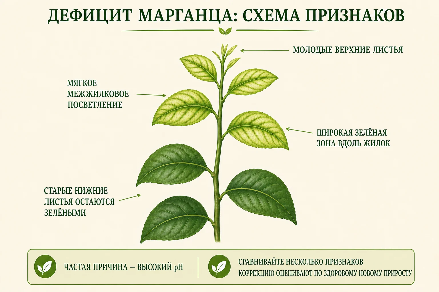 Схема признаков дефицита марганца на молодых листьях цитруса
