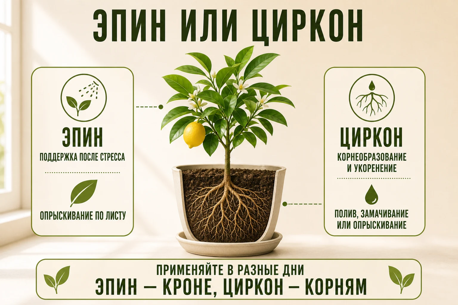 Эпин поддерживает крону, а Циркон корни цитруса