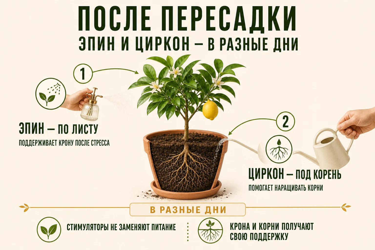 Эпин и Циркон после пересадки цитруса в разные дни