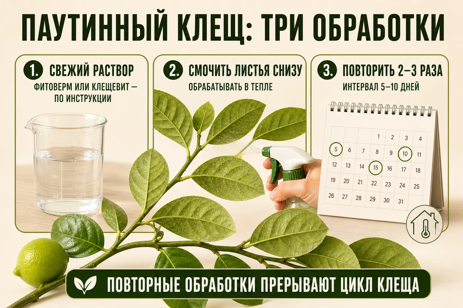 Схема трёх обработок цитруса Фитовермом или Клещевитом от паутинного клеща