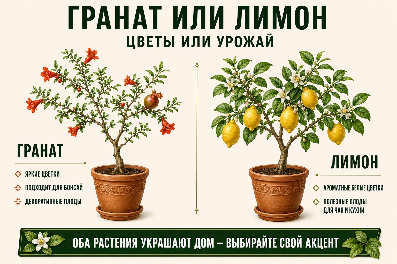 Сравнение комнатного граната и лимона по цветению и плодам