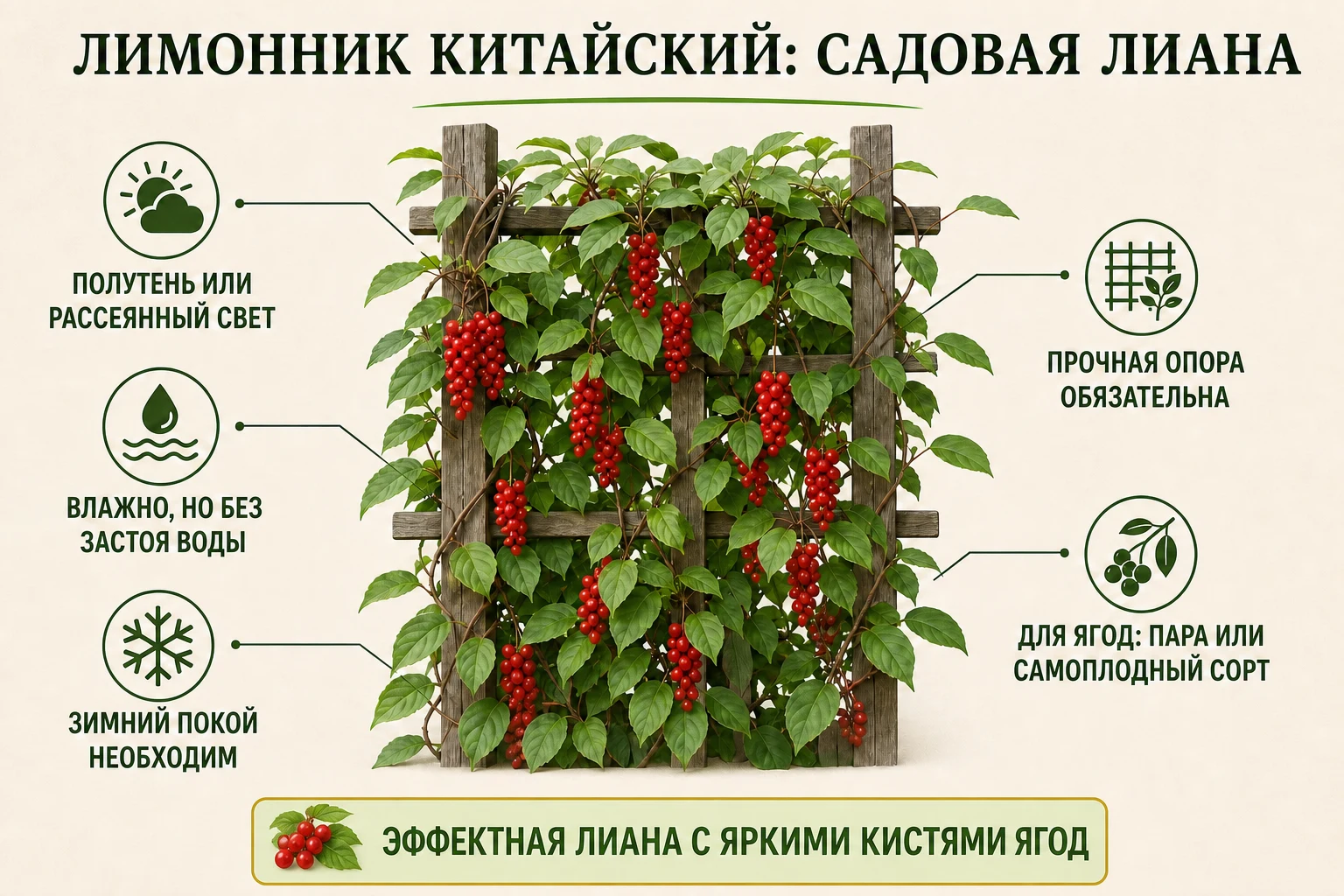 Памятка по уходу за лимонником китайским: свет, полив, опора, зимний покой и опыление