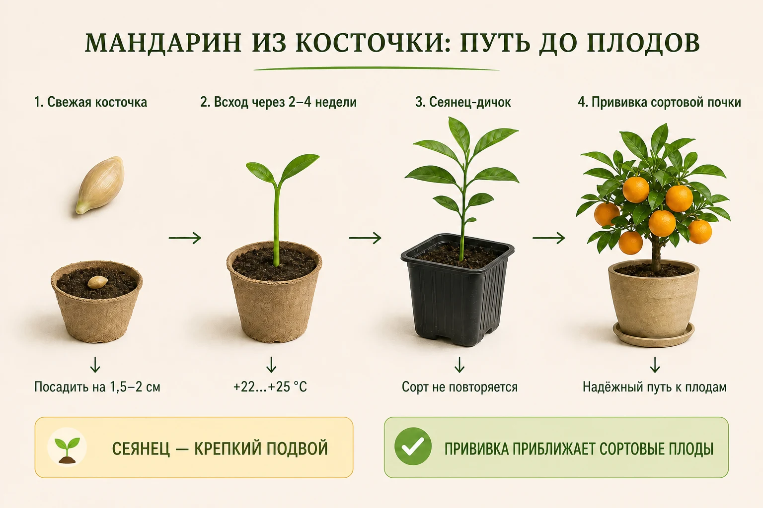 Схема выращивания мандарина из косточки: посев, всход, сеянец-дичок и прививка сортовой почки