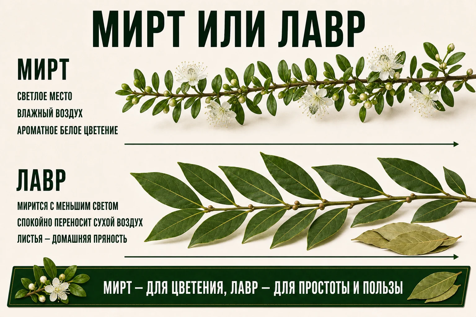 Сравнение ветвей мирта и лавра для дома и офиса