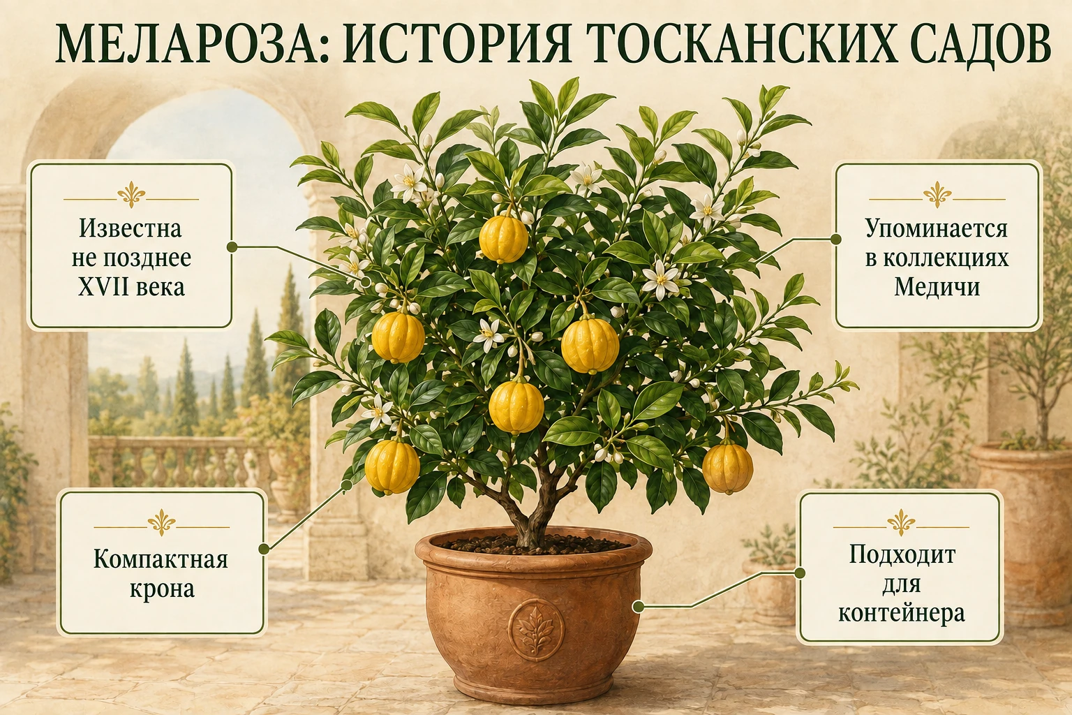 Компактное дерево Меларозы в кадке на фоне тосканской оранжереи.