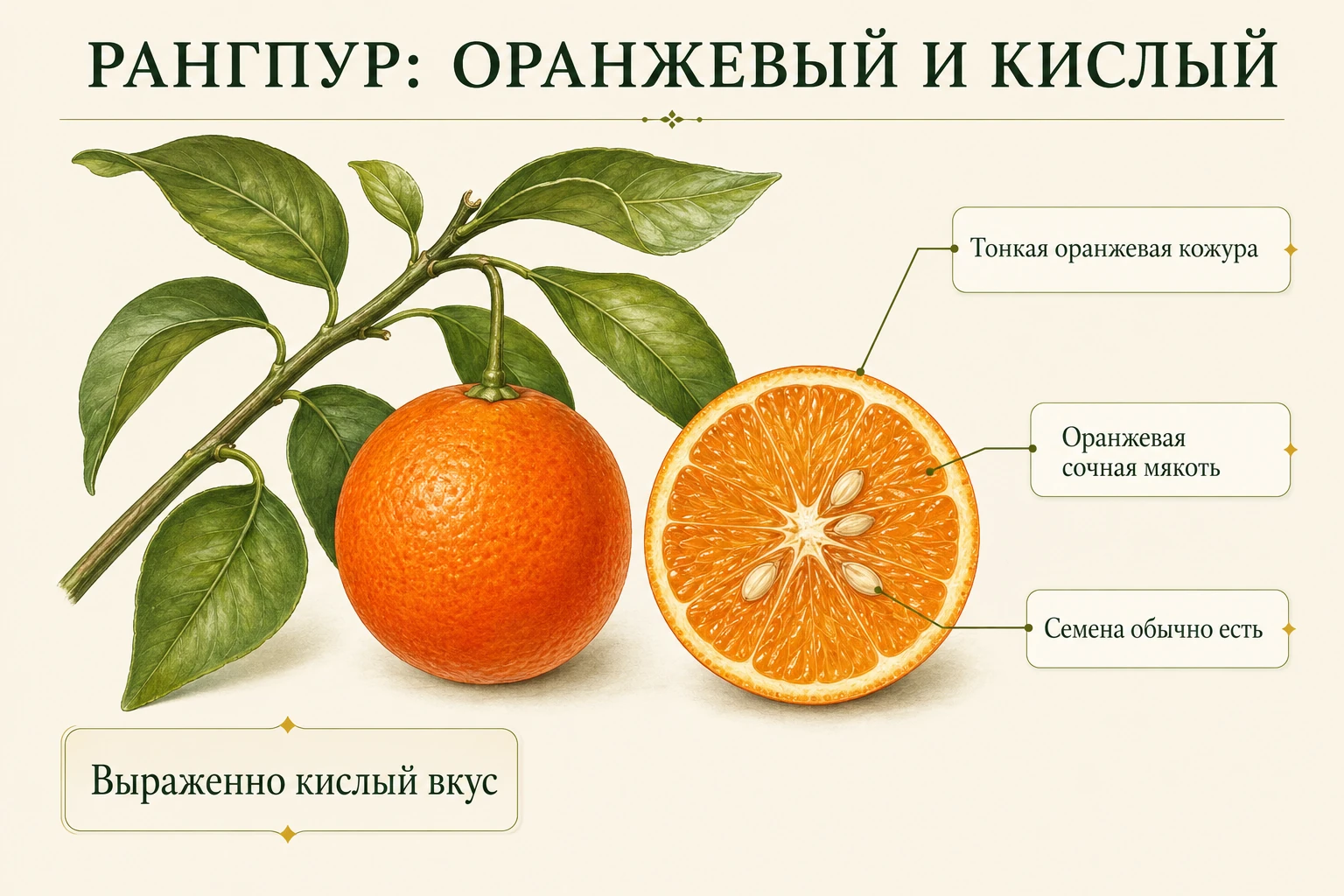 Инфографика с оранжевым плодом Рангпура и разрезом сочной кислой мякоти с семенами.