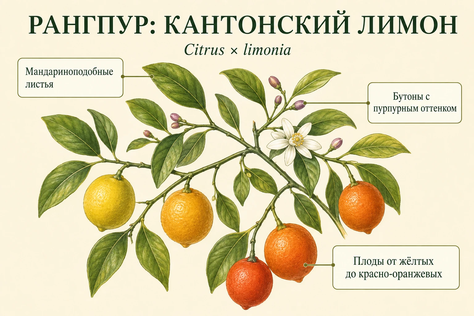 Ветвь Рангпура с мандариноподобными листьями, пурпурными бутонами и оранжевыми плодами.