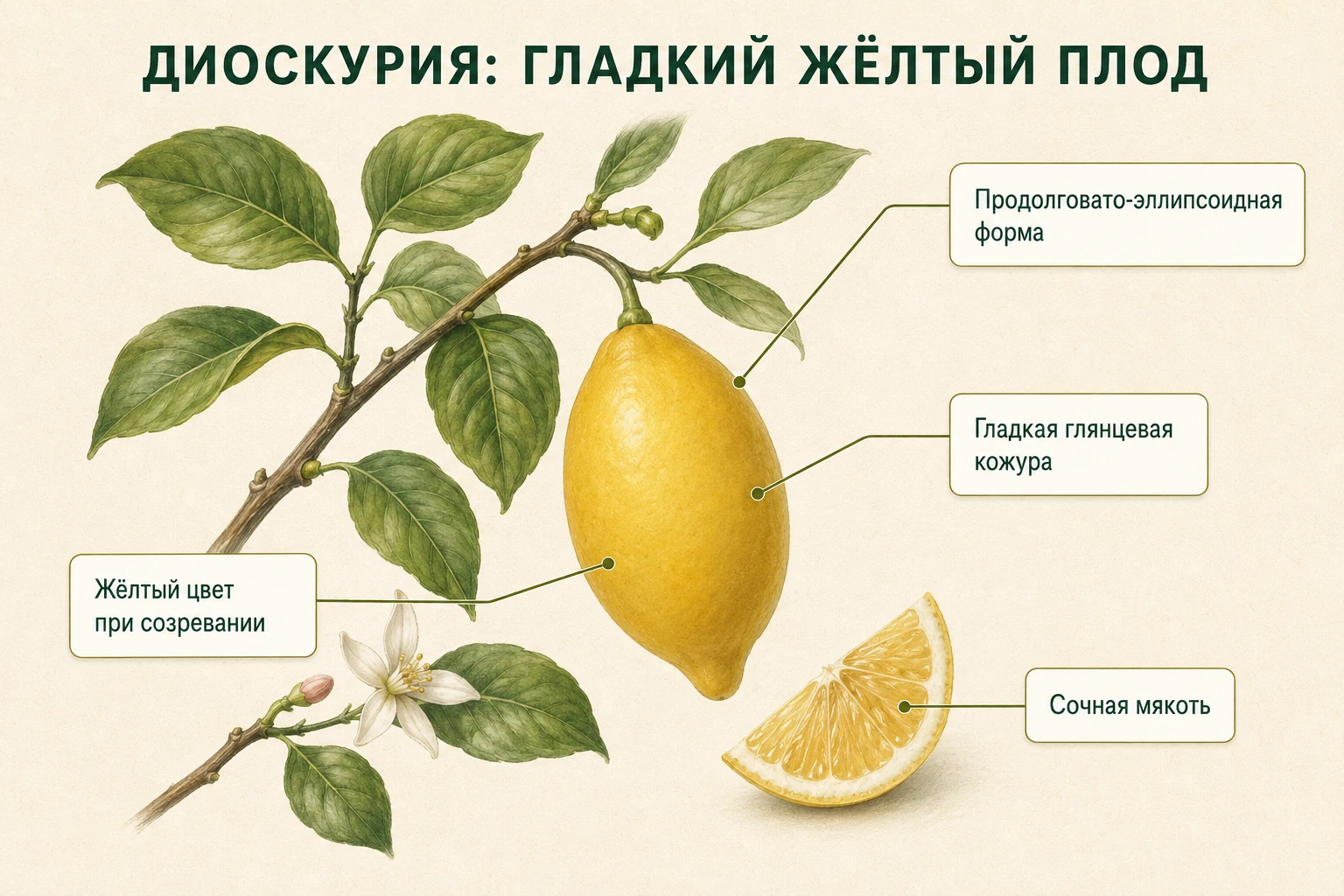 Инфографика с гладким глянцевым жёлтым плодом лимона Диоскурия на живой ветви.
