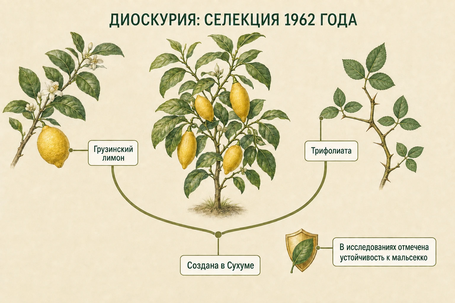 Инфографика о селекции лимона Диоскурия в Сухуме из грузинского лимона и трифолиаты.