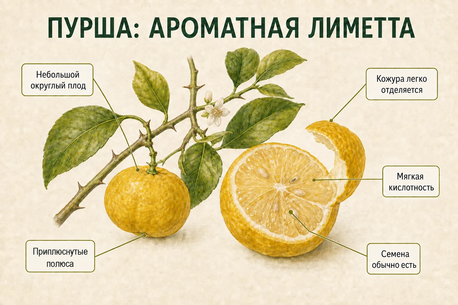 Инфографика с небольшим округлым плодом лиметты Пурша и легко отделяющейся жёлтой кожурой.
