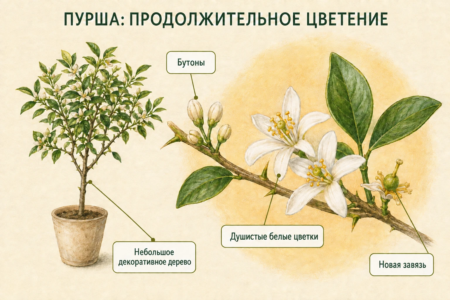 Небольшое дерево Пурши с бутонами, душистыми белыми цветками и молодой завязью.